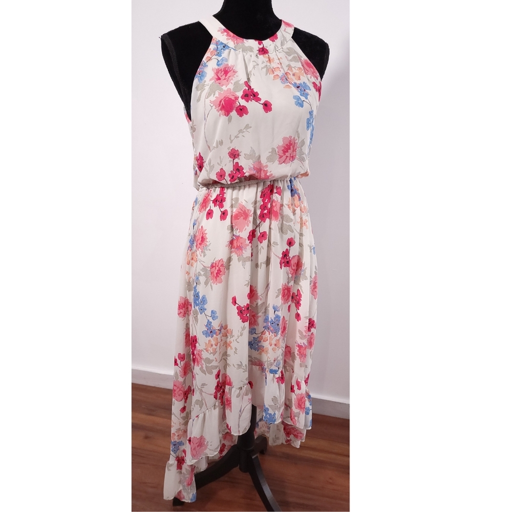 Elle High Neck High Low Pink & Blue Floral Fit & Flare Dress Sz Medium